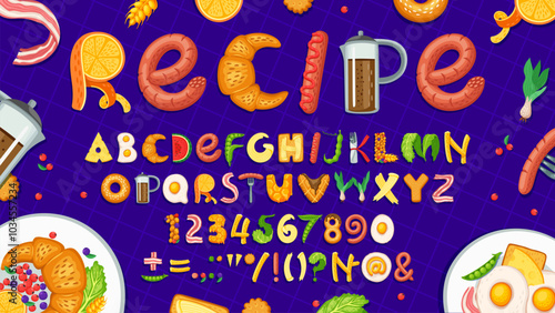 Breakfast food font, healthy type, lunch typeface, appetizing alphabet vector typography. Cartoon letters and numbers made of breakfast meal. Coffee, croissant, sausage and egg dishes alphabet font