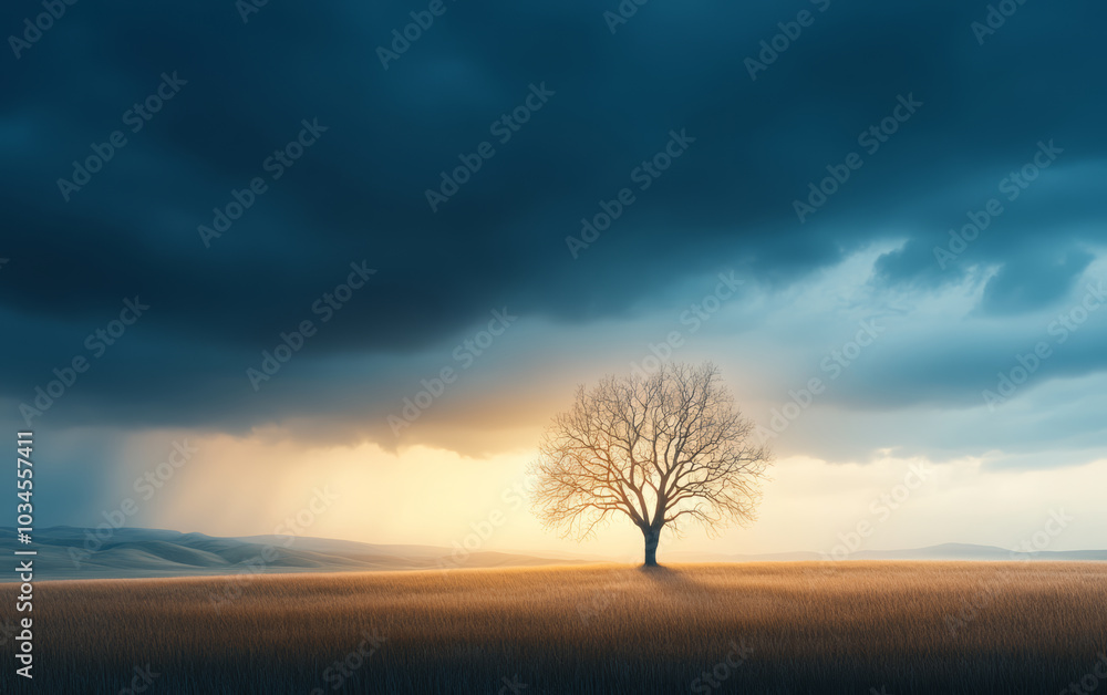 Fototapeta premium A tree on the ground and a magical cloud in the sky