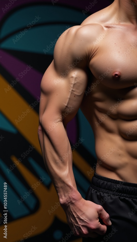 A gym-themed image featuring an abstract backdrop and a display of muscle strength through a muscular arm lifting weights A gym-themed image featuring an abstract backdrop and a display of muscle strength through a muscular arm lifting weights