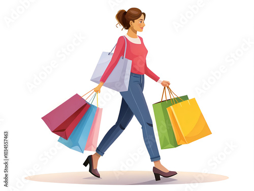 A woman is walking with shopping bags in her hand