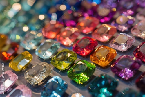 A vibrant collection of various gemstones and crystals displayed in an artistic arrangement, showcasing an array of colors and cuts in natural light