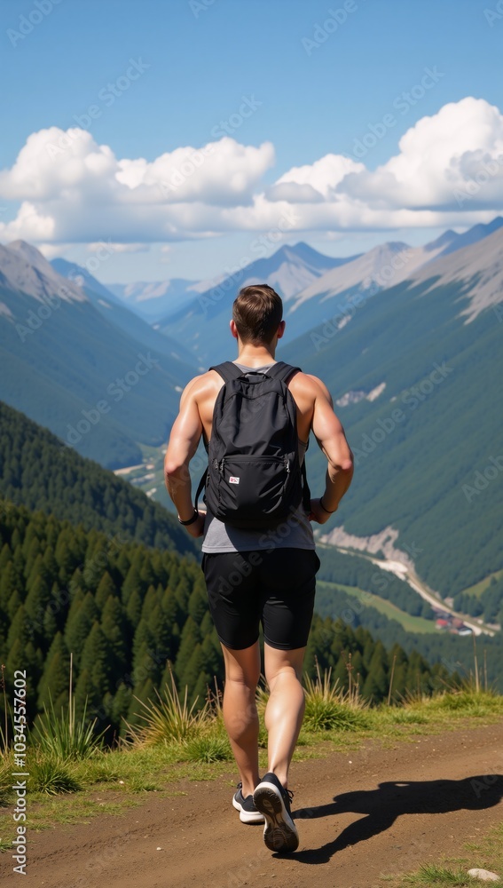 Obraz premium A trail runner gazes at their accomplished route capturing the breathtaking vistas of nature and athleticism