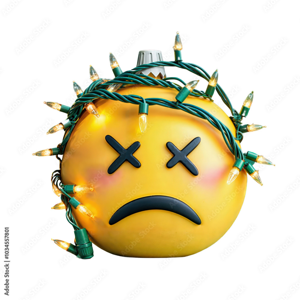 Sad emoji Christmas ornament tangled in lights, holiday stress concept isolated on transparent background