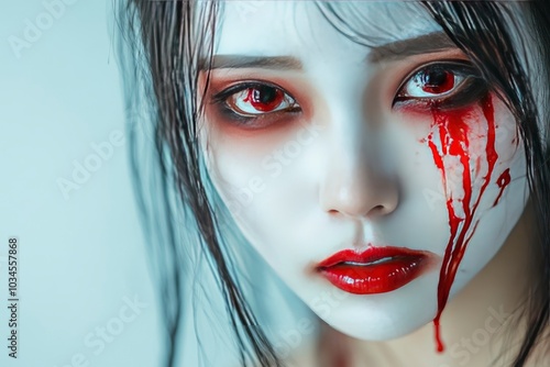 Portrait of asian woman make up ghost face with blood,Horror scene,Scary background,Halloween poster,Thailand people,Ghost movies poster - generative ai