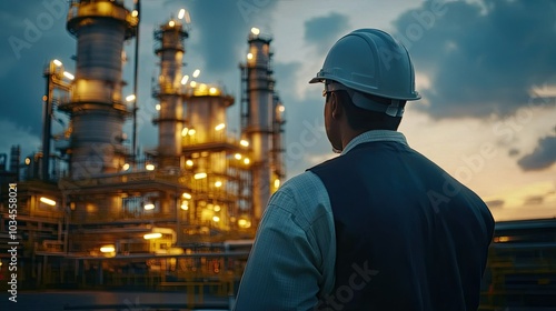 Industrial Worker Observing Oil Refinery at Dusk