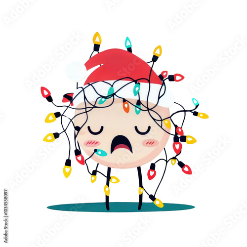 Obraz na płótnie Cute sad character tangled in Christmas lights, holiday stress cartoon illustration isolated on transparent background
w salonie