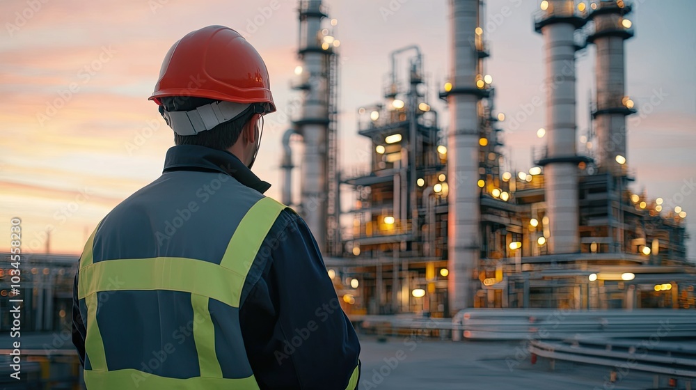 Industrial Worker at Sunset Near Refinery Equipment Industrial Worker at Sunset Near Refinery Equipment