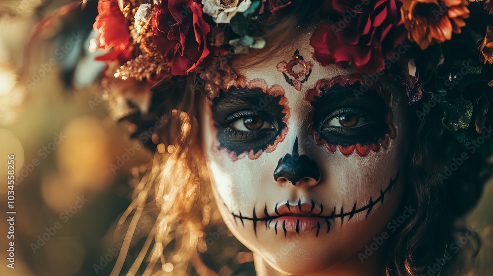 A small child applying makeup for the DÃa de los Muertos celebration. A small child applying makeup for the DÃa de los Muertos celebration.