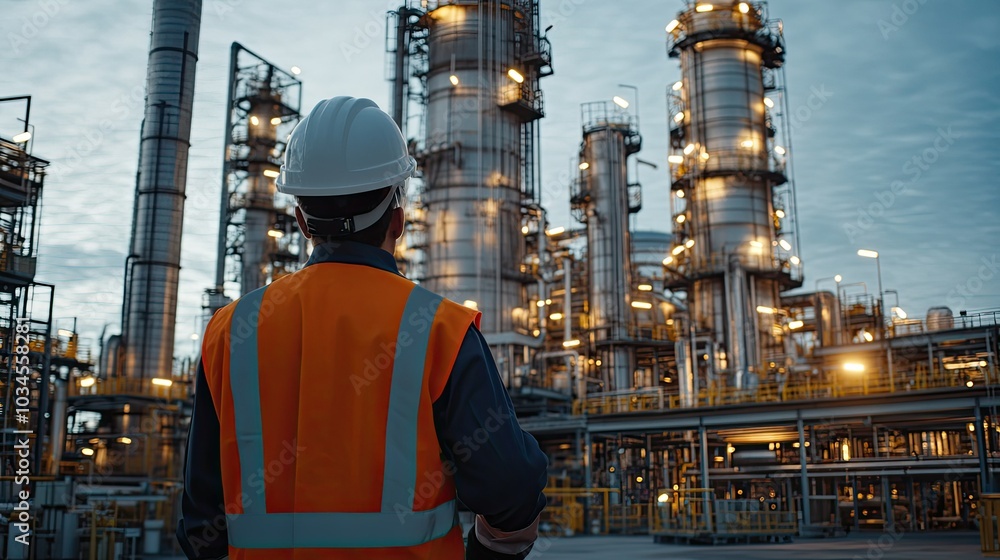 Professional Worker in Industrial Plant at Sunset Professional Worker in Industrial Plant at Sunset