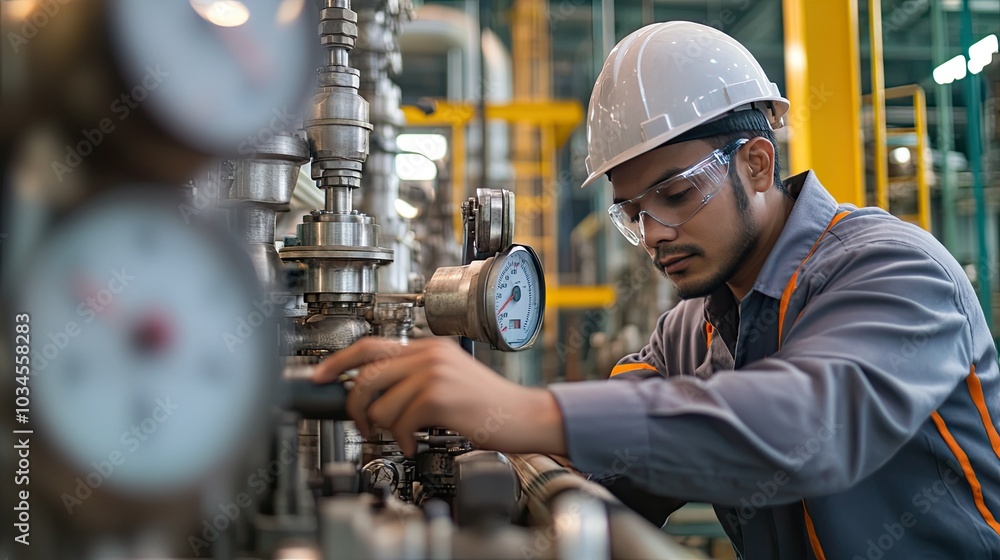 Worker in Safety Gear Checks Industrial Equipment Worker in Safety Gear Checks Industrial Equipment