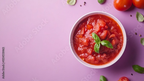 Delicious tomato sauce and components in a bowl with a lavender backdrop.