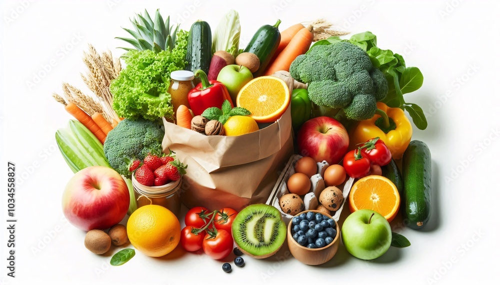 Healthy food background. Healthy food in paper bag vegetables and fruits on white. Food delivery, shopping food supermarket concept Healthy food background. Healthy food in paper bag vegetables and fruits on white. Food delivery, shopping food supermarket concept