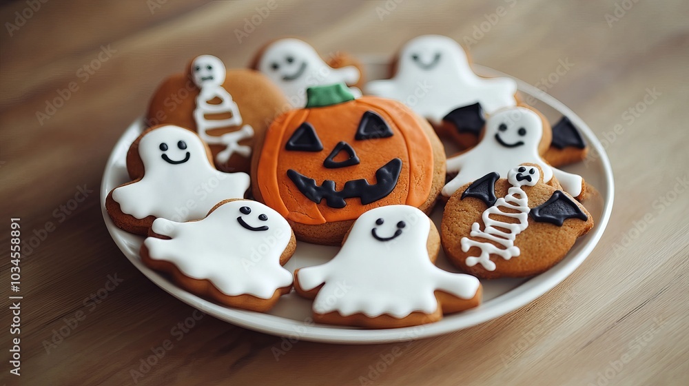 Plate of Halloween gingerbread cookies on a wooden surface. The edible, hand-crafted gingerbread skeletons, ghosts, bats, and pumpkins for Halloween. Handmade gingerbread treats for Halloween. Plate of Halloween gingerbread cookies on a wooden surface. The edible, hand-crafted gingerbread skeletons, ghosts, bats, and pumpkins for Halloween. Handmade gingerbread treats for Halloween.