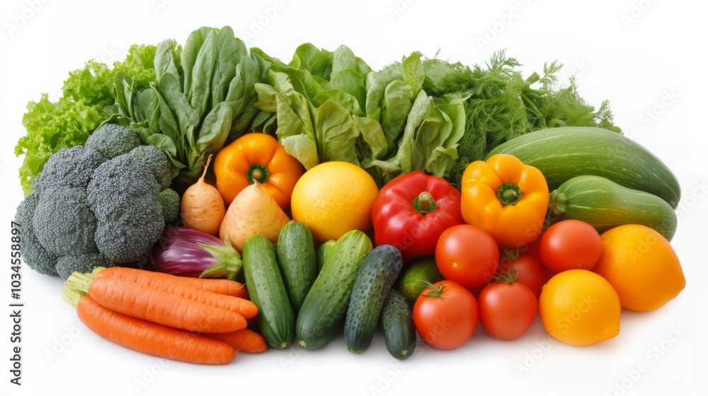 A vibrant selection of fresh vegetables and fruits, including tomatoes, cucumbers, bell peppers, carrots, and leafy greens, displayed together A vibrant selection of fresh vegetables and fruits, including tomatoes, cucumbers, bell peppers, carrots, and leafy greens, displayed together