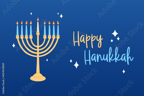 Happy Hanukkah poster, greeting card, banner. Jewish festival of lights. Traditional 9 candles menorah as Hannukah holiday symbol. Vector illustration