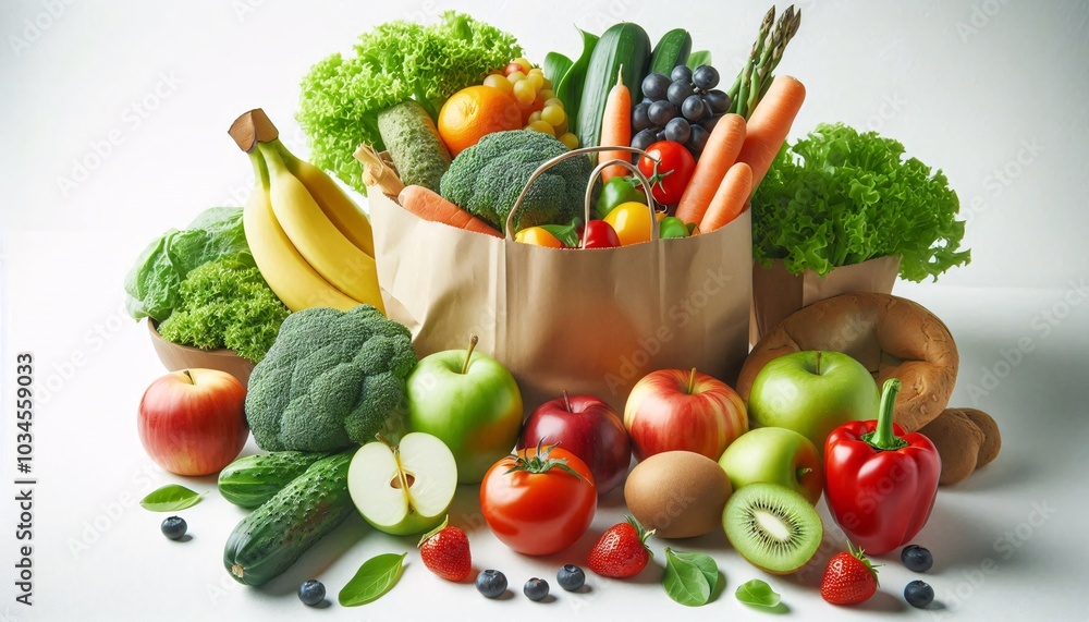 Healthy food background. Healthy food in paper bag vegetables and fruits on white. Food delivery, shopping food supermarket concept Healthy food background. Healthy food in paper bag vegetables and fruits on white. Food delivery, shopping food supermarket concept