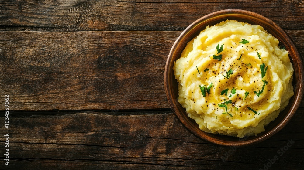 Creamy Mashed Potatoes in Rustic Bowl on Wooden Table Creamy Mashed Potatoes in Rustic Bowl on Wooden Table