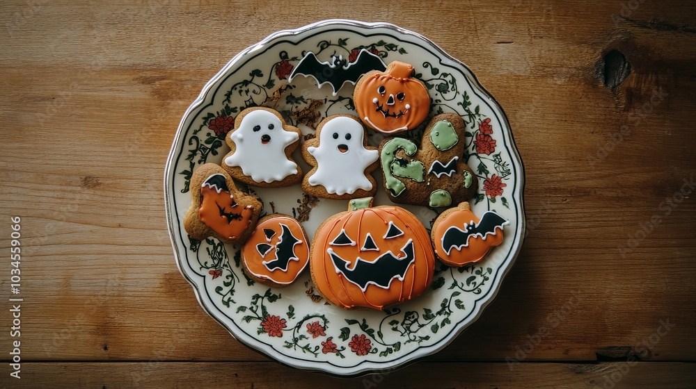Plate of Halloween gingerbread cookies on a wooden surface. The edible, hand-crafted gingerbread skeletons, ghosts, bats, and pumpkins for Halloween. Handmade gingerbread treats for Halloween. Plate of Halloween gingerbread cookies on a wooden surface. The edible, hand-crafted gingerbread skeletons, ghosts, bats, and pumpkins for Halloween. Handmade gingerbread treats for Halloween.