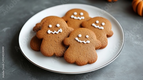 Gingerbread cookies for Halloween set on a white dish on a stone backdrop. Vibrant, handmade cookies for a Halloween celebration.