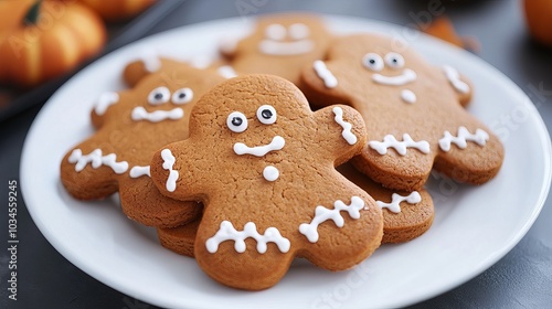 Gingerbread cookies for Halloween set on a white dish on a stone backdrop. Vibrant, handmade cookies for a Halloween celebration.