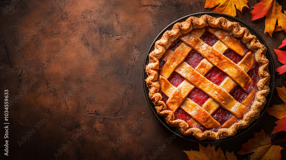 Homemade thanksgiving pie with lattice crust, autumn leaves on rustic brown table, traditional fall dessert, seasonal holiday celebration background with copy space for designs Homemade thanksgiving pie with lattice crust, autumn leaves on rustic brown table, traditional fall dessert, seasonal holiday celebration background with copy space for designs
