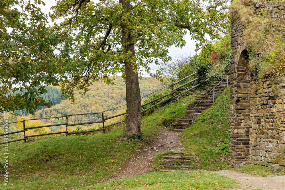 Stairs leading to the ruins of Are castle in Altenahr, Germany Stairs leading to the ruins of Are castle in Altenahr, Germany