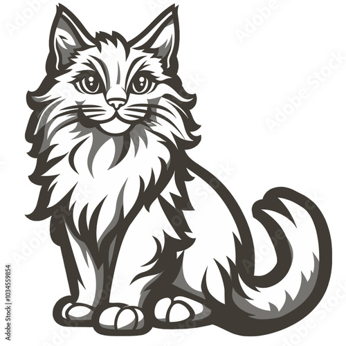 Charming vector illustration of a fluffy, long-haired cat sitting with a friendly expression. Perfect for cat lovers, pet illustrations, and animal-themed designs.