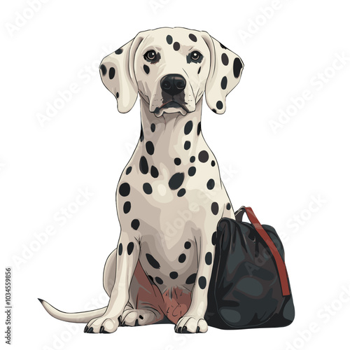 Vector illustration of a Dalmatian sitting with a travel bag, showcasing a cute dog prepared for travel or adventure. Perfect for pet lovers, dog-themed designs, and travel art. 