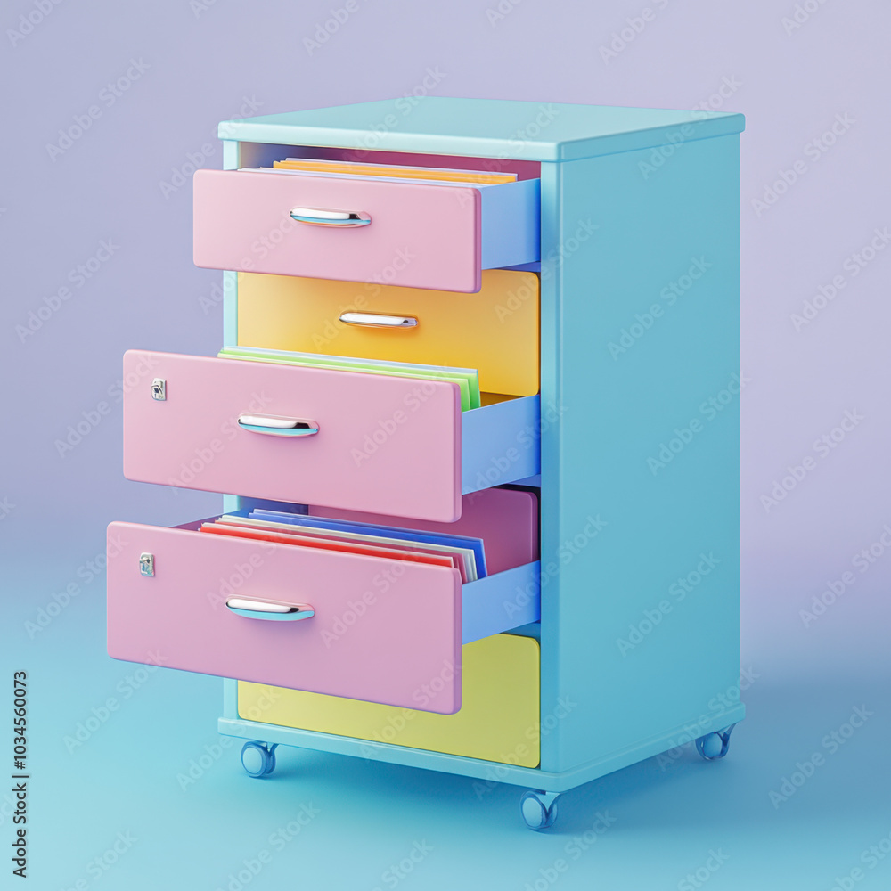A vibrant, modern filing cabinet with pastel-colored drawers, designed for organizing documents in a stylish way. A vibrant, modern filing cabinet with pastel-colored drawers, designed for organizing documents in a stylish way.
