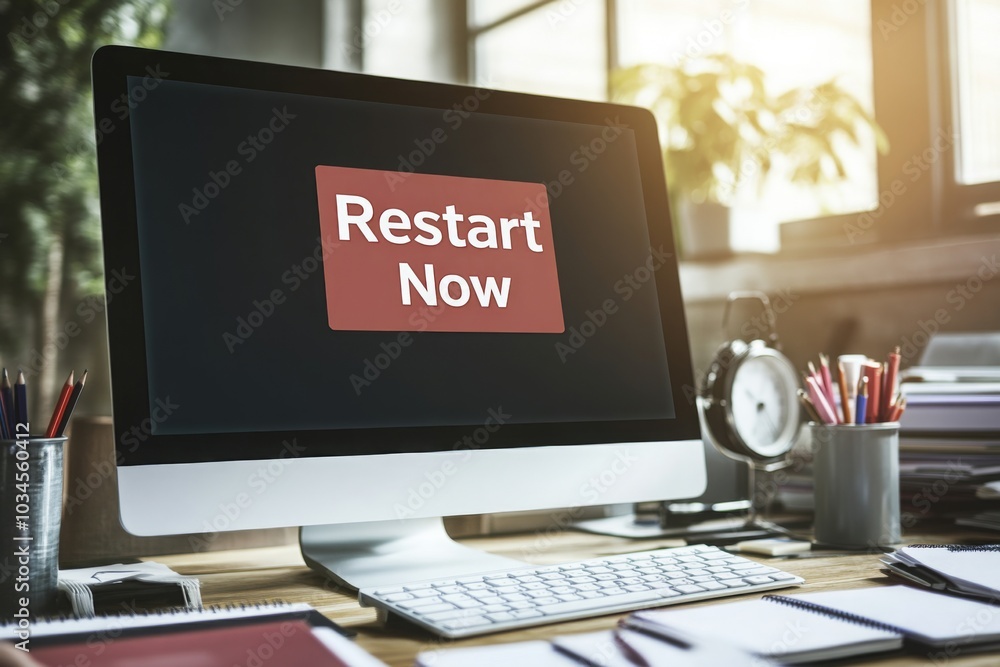 Fototapeta premium Office Computer With Restart Alert on Screen in Modern Workspace