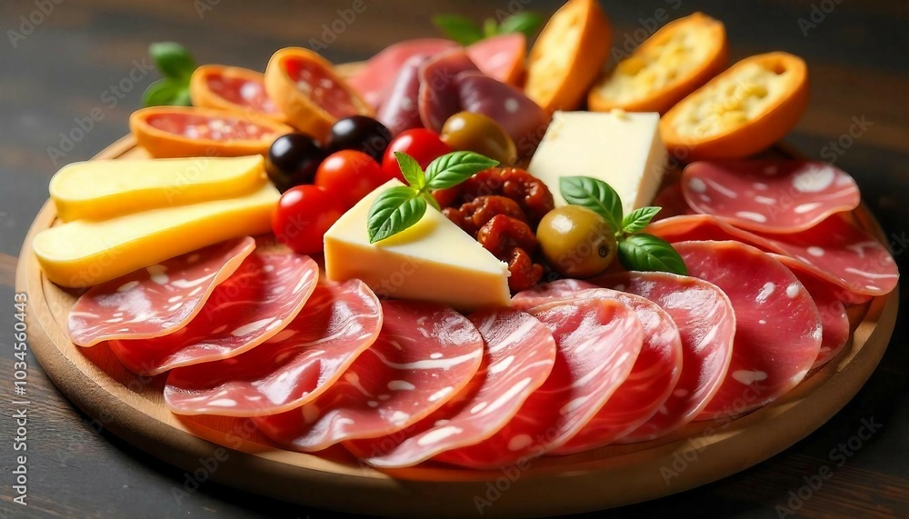 A beautifully arranged platter of traditional cold cuts, cheeses, and Italian appetizers.
A beautifully arranged platter of traditional cold cuts, cheeses, and Italian appetizers.