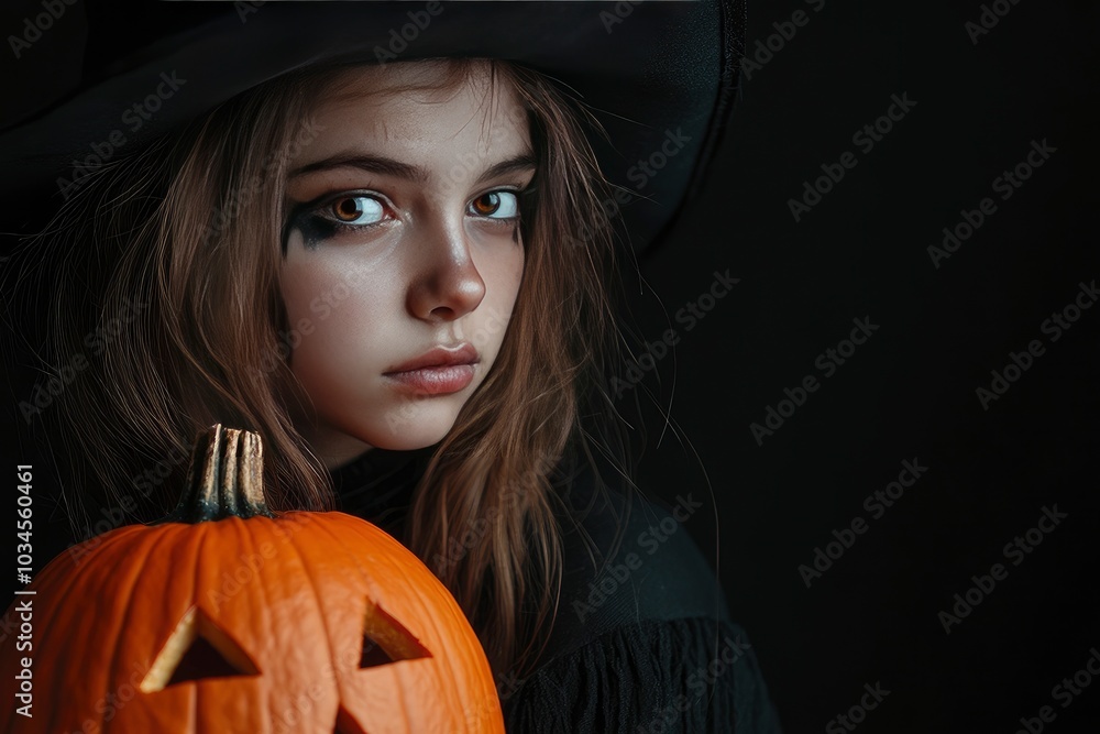 Serious Halloween witch holding Jack O'Lantern pumpkin looking to side at copy space on black background. Preteen girl with terrifying makeup and witch hat, close up - generative ai Serious Halloween witch holding Jack O'Lantern pumpkin looking to side at copy space on black background. Preteen girl with terrifying makeup and witch hat, close up - generative ai