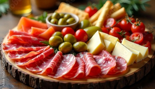 A beautifully arranged platter of traditional cold cuts, cheeses, and Italian appetizers.






 photo