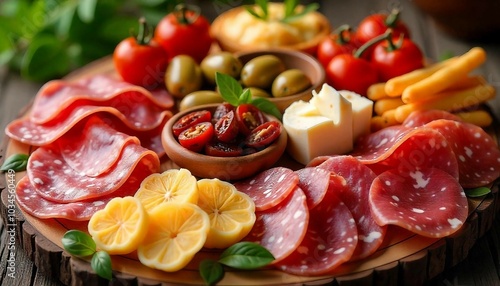 A beautifully arranged platter of traditional cold cuts, cheeses, and Italian appetizers.






 photo