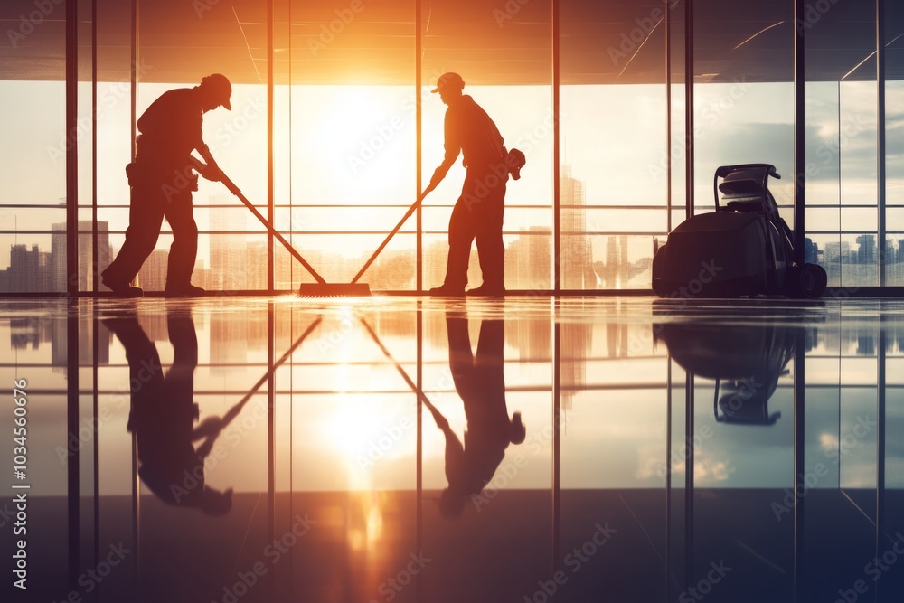 Silhouetted Workers Cleaning Floor at Sunset in Modern Building