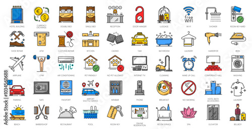 Hotel service color line icons of travel, vacation and tourism. Vector hotel building, room service, restaurant, bar and reception outline symbols of breakfast, pool, bath and shower, key and passport