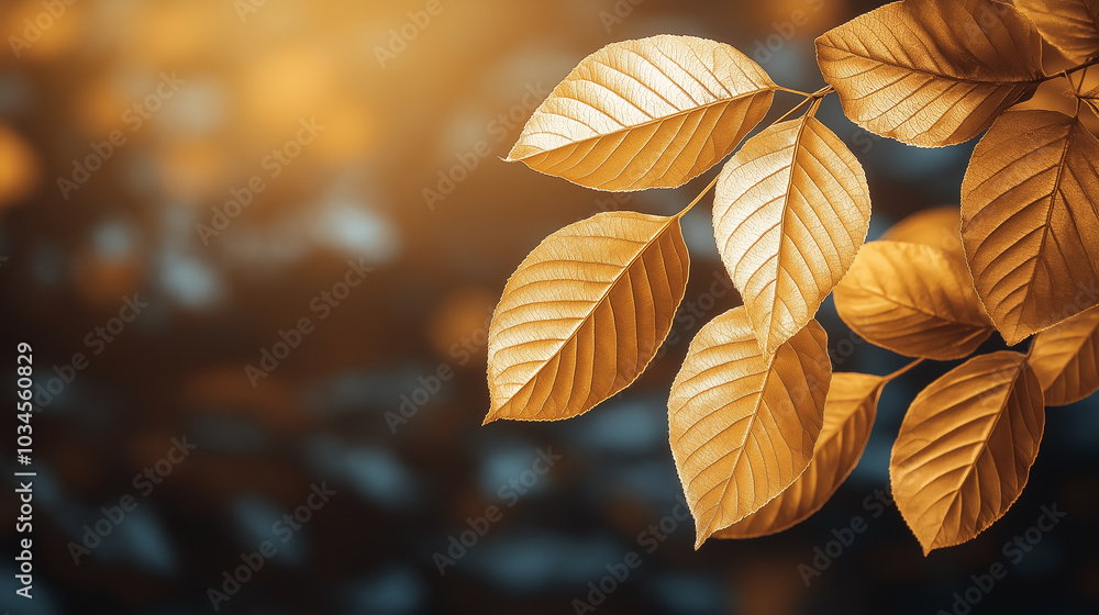 Golden autumn leaves on a bokeh background, thanksgiving holiday decoration, warm fall season design with natural foliage and copy space for festive invitations or announcements Golden autumn leaves on a bokeh background, thanksgiving holiday decoration, warm fall season design with natural foliage and copy space for festive invitations or announcements