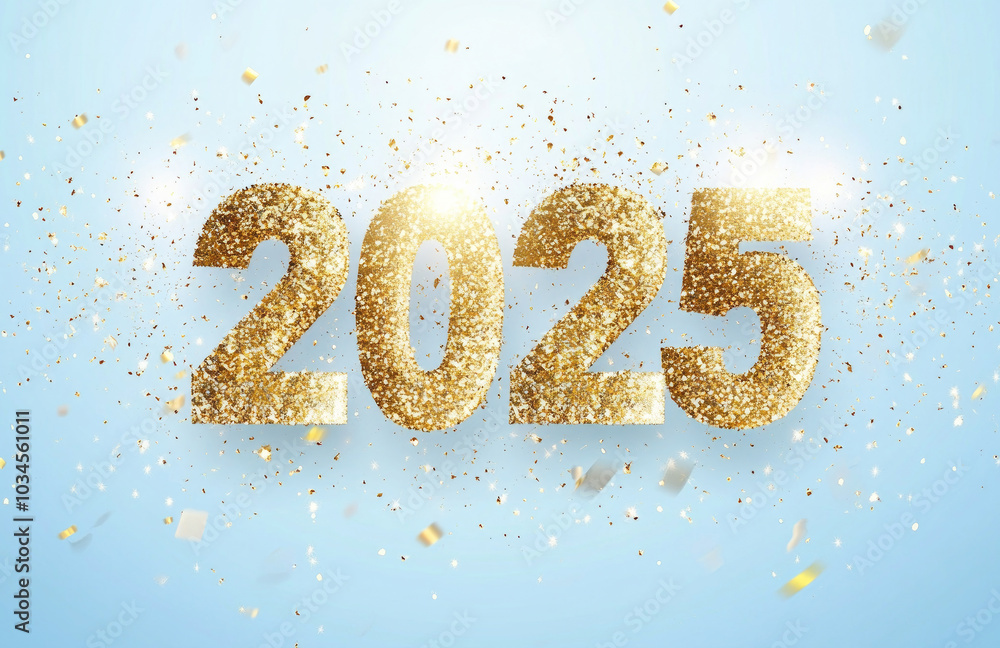 2025 New Year golden digits with gold colored confetti on blue pastel background 2025 New Year golden digits with gold colored confetti on blue pastel background