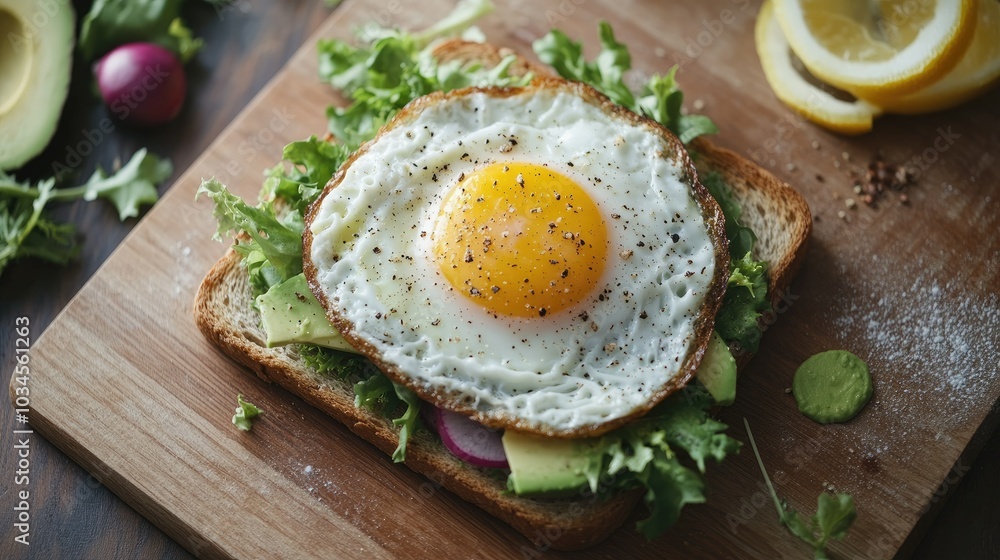 Fresh Egg on Toast with Greens and Lemon Slices Fresh Egg on Toast with Greens and Lemon Slices