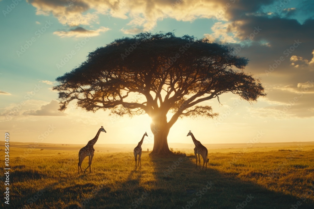Majestic Giraffes at Sunset Silhouetted by Acacia Tree in African Savanna Majestic Giraffes at Sunset Silhouetted by Acacia Tree in African Savanna