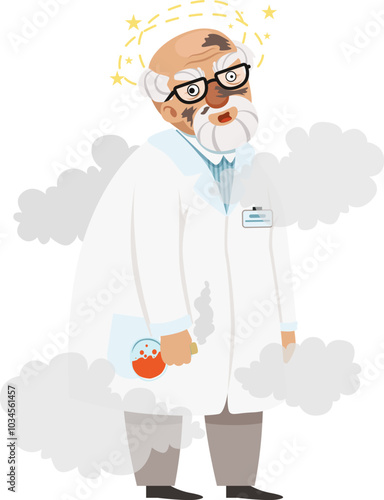 Failed chemical experiment. Exploded old cartoon scientist