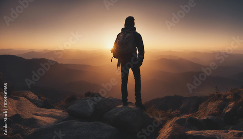 Silhouette of man with backpack on rocky mountain peak, watching sunset, back view.