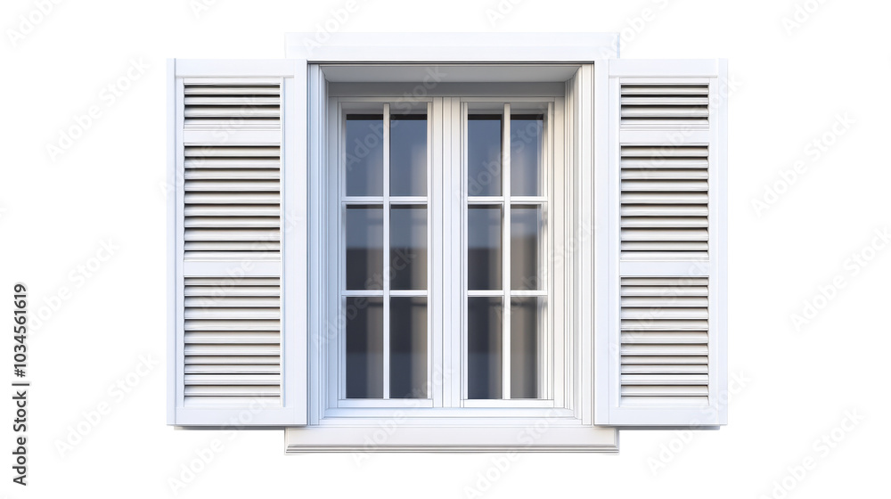 White wooden window with shutters, isolated background. transparent background White wooden window with shutters, isolated background. transparent background