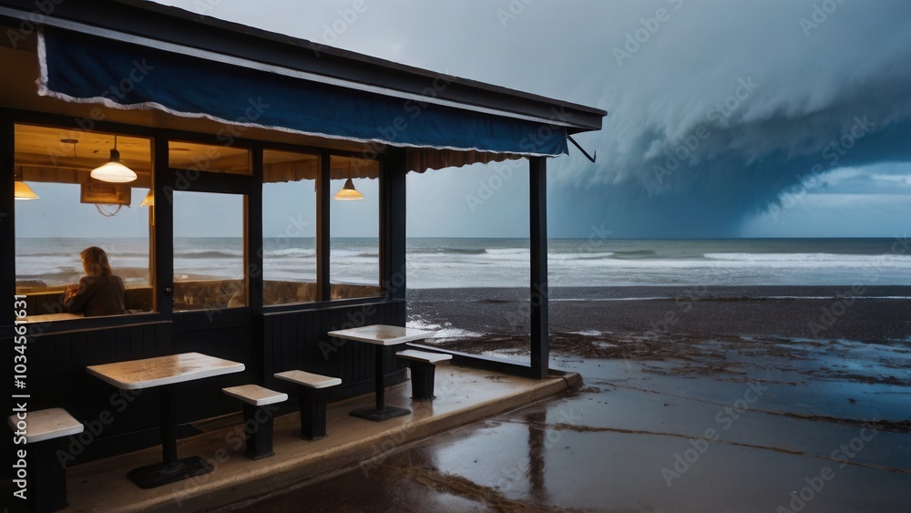 Beachfront café facing a storm, illustrating the impending destruction of coastal buildings Beachfront café facing a storm, illustrating the impending destruction of coastal buildings
