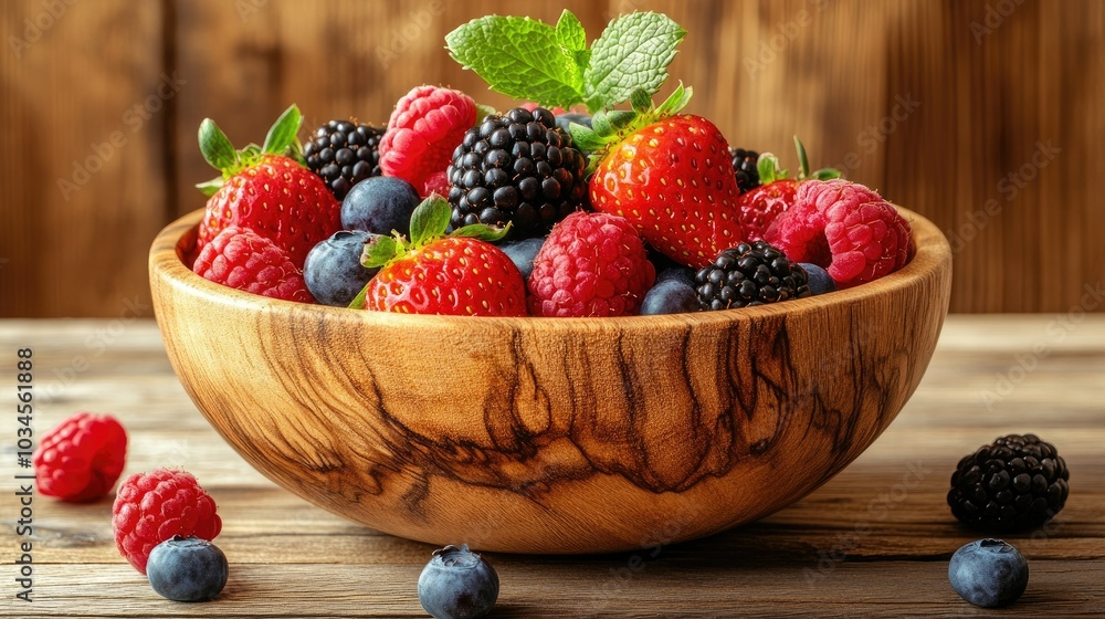 Fresh Mixed Berries in Wooden Bowl on Rustic Background Fresh Mixed Berries in Wooden Bowl on Rustic Background