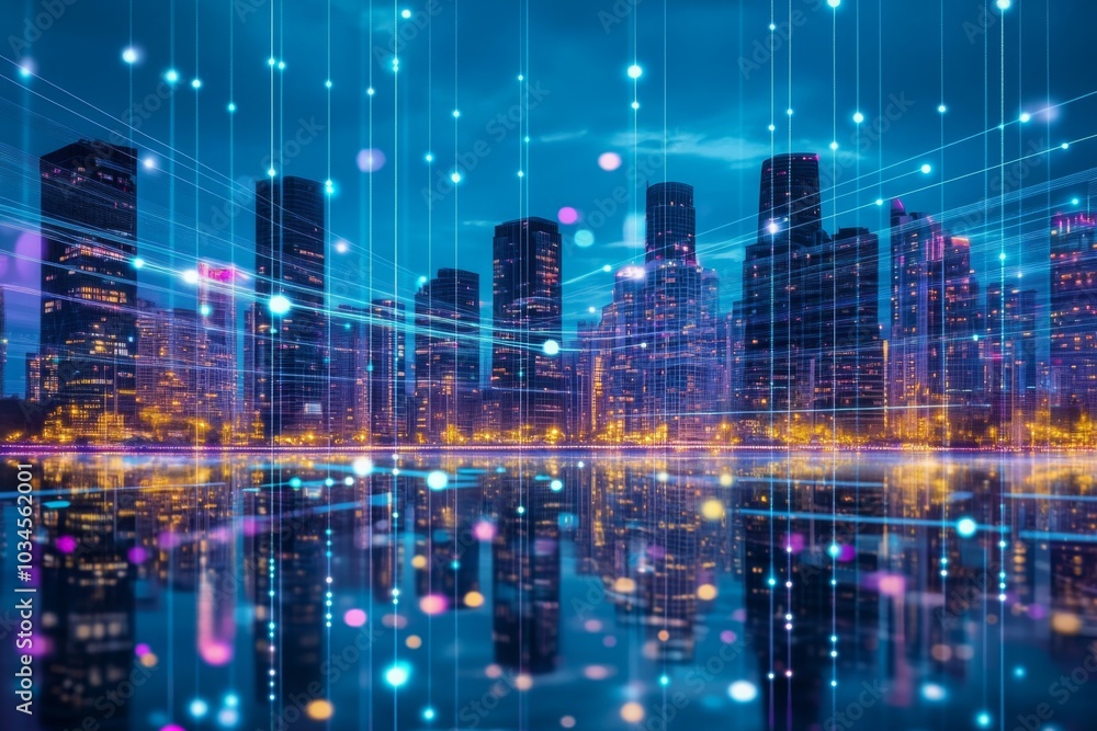 Futuristic Cityscape with Neon Lights and Digital Reflections Futuristic Cityscape with Neon Lights and Digital Reflections
