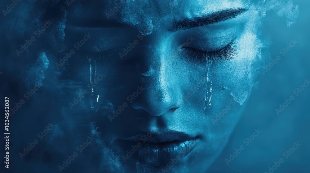 Blue-Toned Artistic Portrait of a Woman in Emotional Expression Blue-Toned Artistic Portrait of a Woman in Emotional Expression