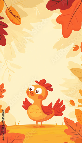 Cartoon turkey in an autumn landscape with falling leaves, thanksgiving holiday character, festive fall background with copy space for seasonal cards or design templates
