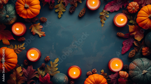 Pumpkins, candles, and berries on dark background, thanksgiving festive decoration, copy space for seasonal invitations or holiday celebration design templates