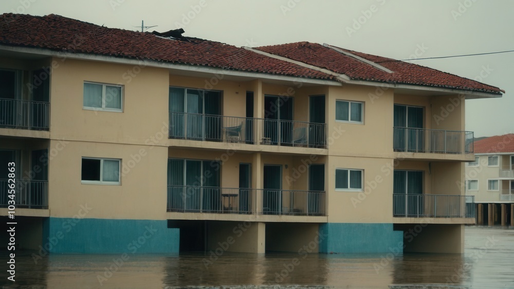 Flooded coastal apartments, illustrating destruction of coastal buildings after storm Flooded coastal apartments, illustrating destruction of coastal buildings after storm
